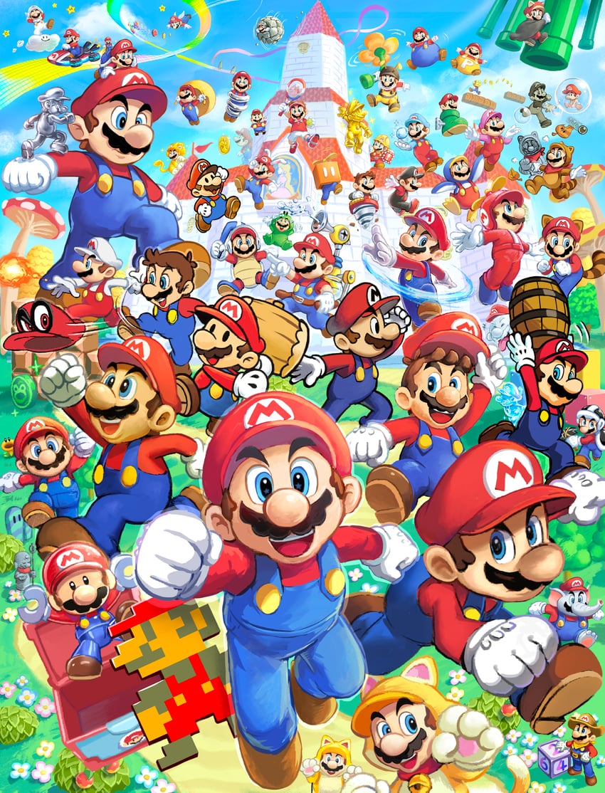 princess peach, mario, paper mario, cappy, f.l.u.d.d., and 39 more (mario and 33 more) drawn by ya_mari_6363