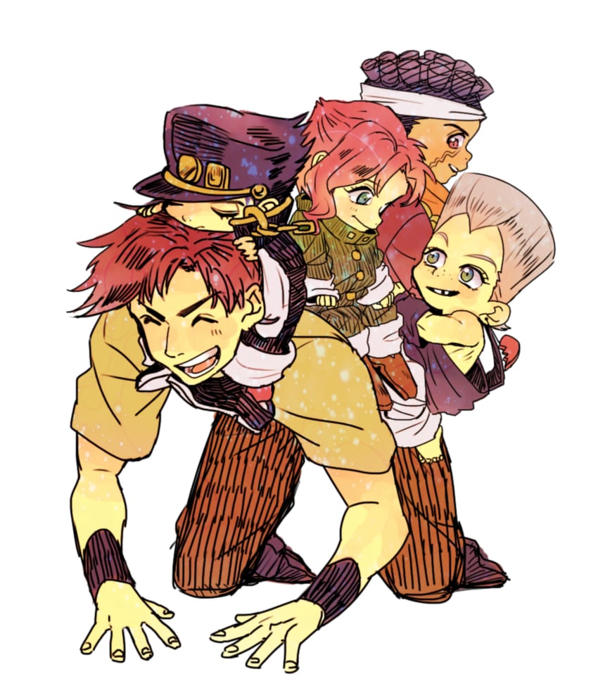 joseph joestar, kujo jotaro, kakyoin noriaki, jean pierre polnareff, and mohammed avdol (jojo no kimyou na bouken and 1 more) drawn by tsuki_(artist)