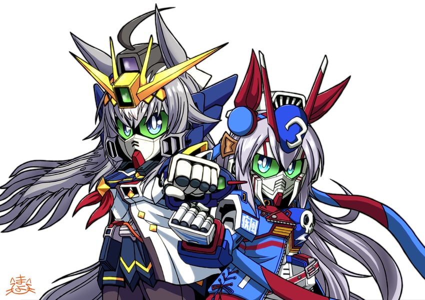 oguri cap, tamamo cross, wing gundam zero custom, and crossbone gundam x-3 (umamusume and 5 more) drawn by mayohi_neko