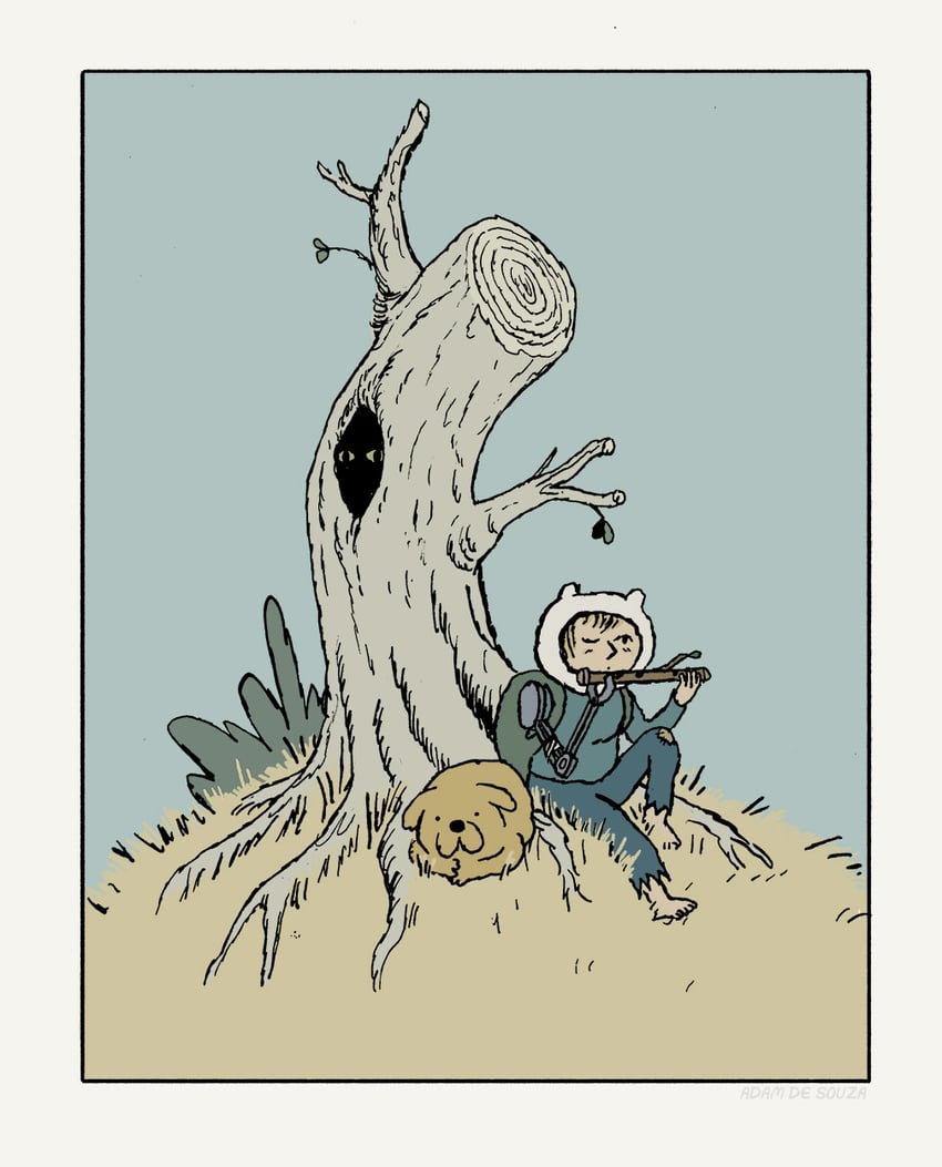 finn the human, jake the dog, and farmworld finn (adventure time) drawn by kumerish