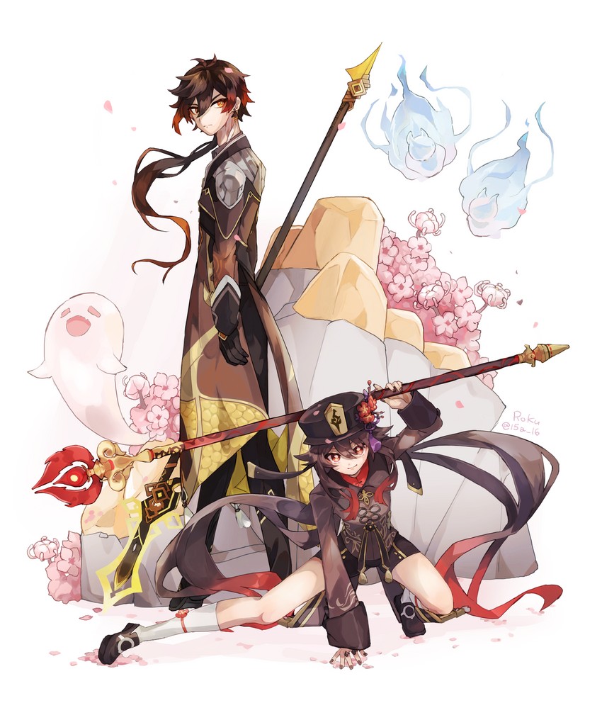 hu tao, zhongli, boo tao, and seelie (genshin impact) drawn by ro/ku
