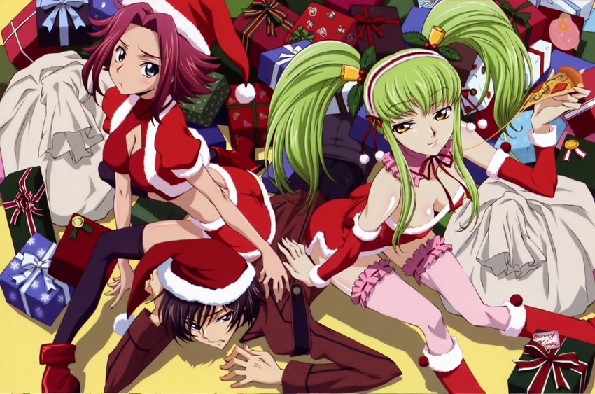 c.c., lelouch vi britannia, and kouzuki kallen (code geass) drawn by kadekaru_chikashi