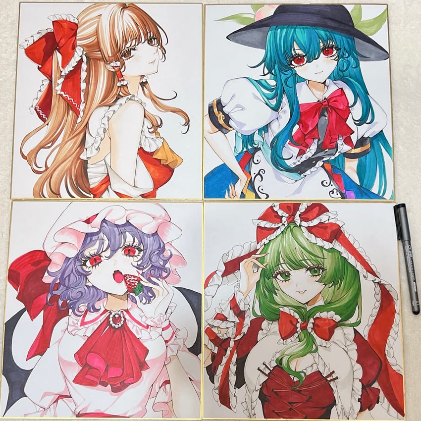 hakurei reimu, remilia scarlet, hinanawi tenshi, and kagiyama hina (touhou) drawn by neko-san_(dim.dream)