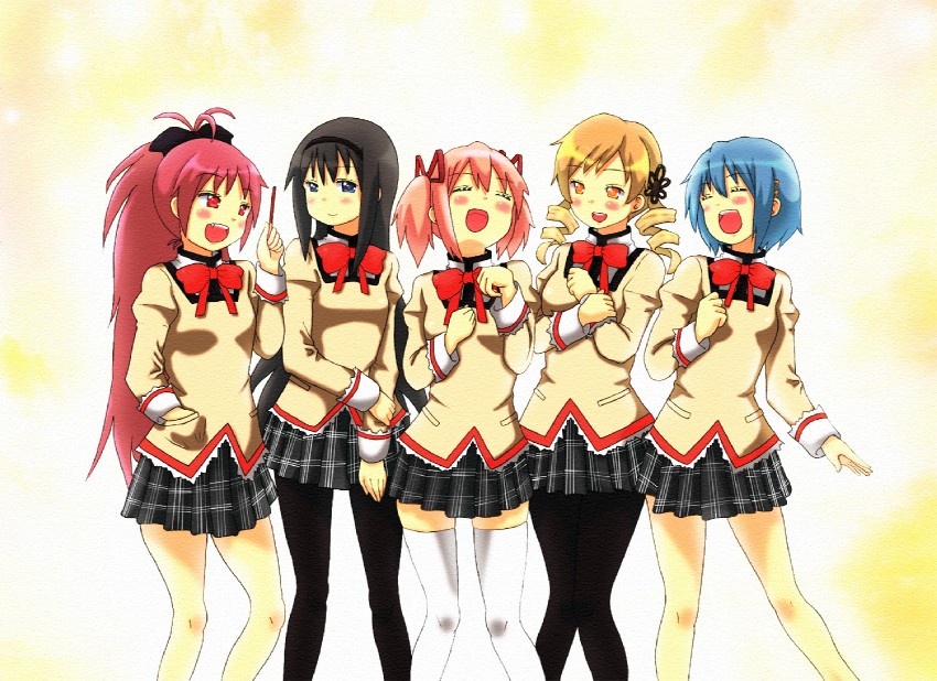 akemi homura, kaname madoka, miki sayaka, sakura kyoko, and tomoe mami (mahou shoujo madoka magica) drawn by rotatwo