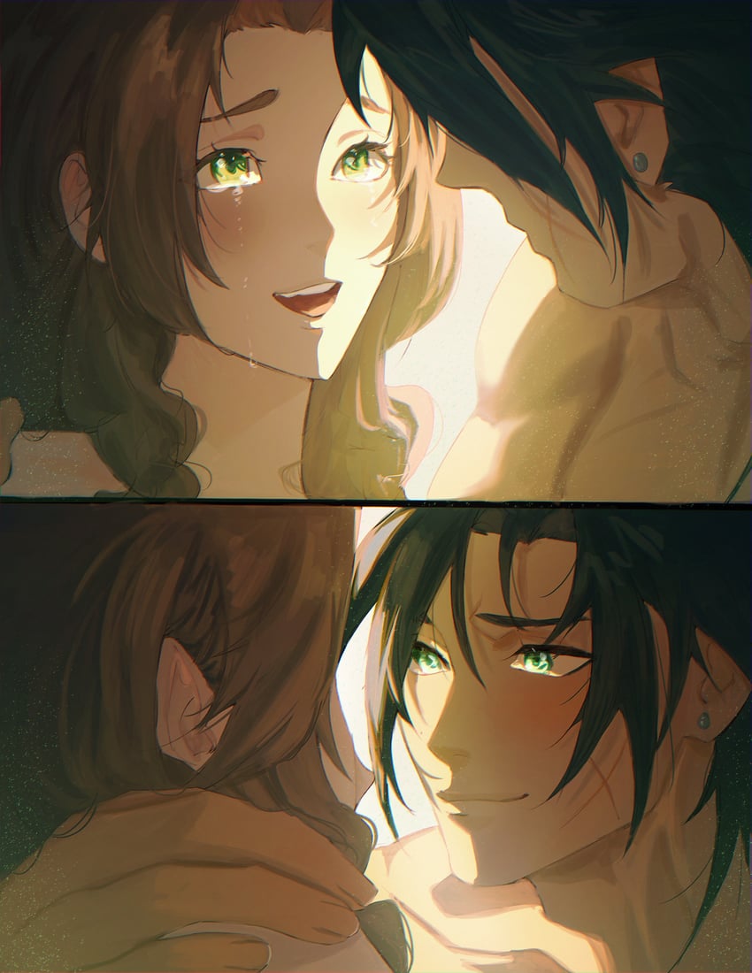 aerith gainsborough and zack fair (final fantasy and 4 more) drawn by origussy