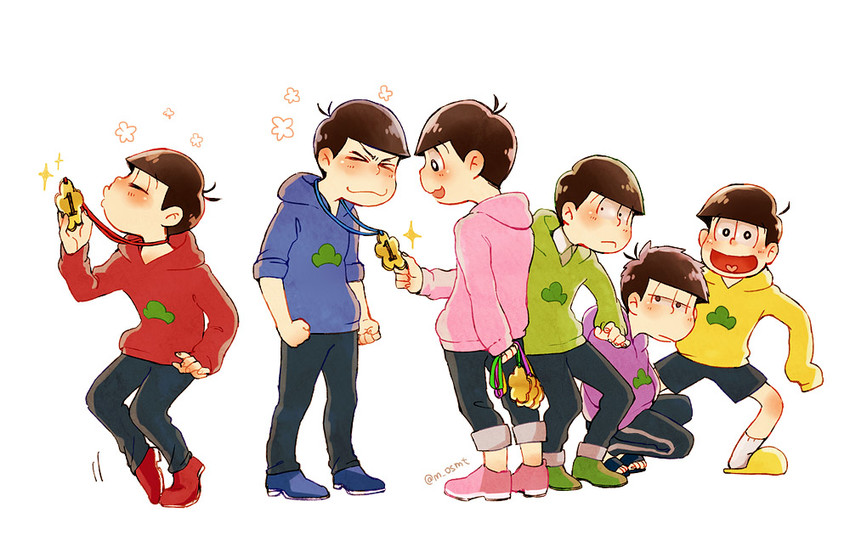 matsuno osomatsu, matsuno karamatsu, matsuno ichimatsu, matsuno jyushimatsu, matsuno choromatsu, and 1 more (osomatsu and 2 more) drawn by moneko