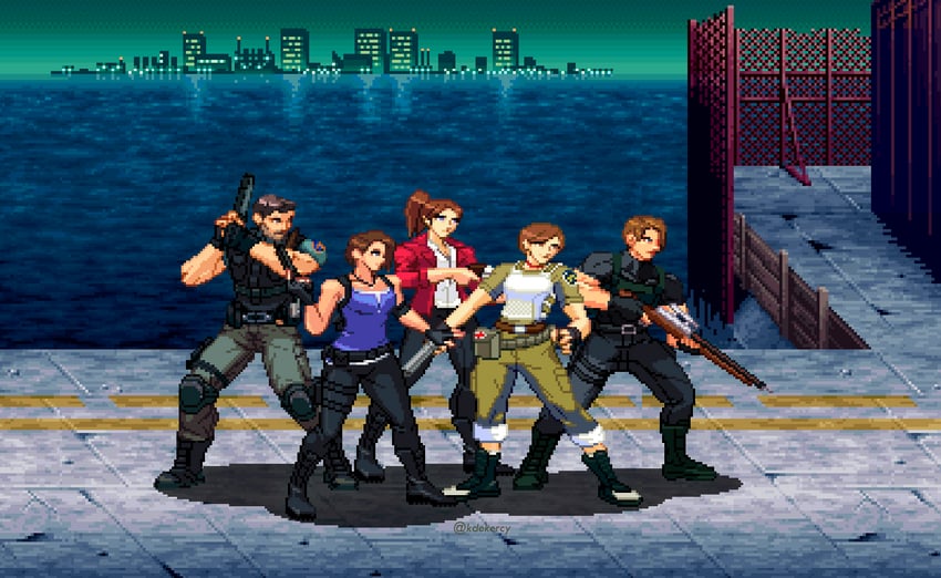 leon s. kennedy, jill valentine, chris redfield, claire redfield, and rebecca chambers (resident evil and 1 more) drawn by kdekercy