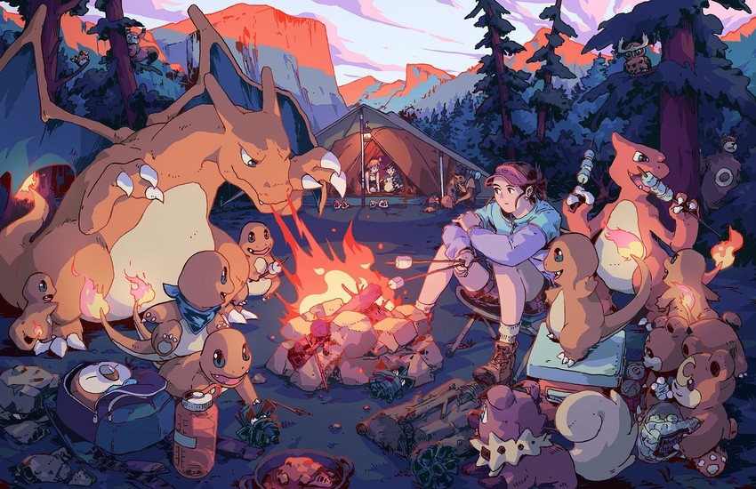pikachu, ash ketchum, misty, rowlet, charizard, and 12 more (original and 1 more) drawn by bryce_kho
