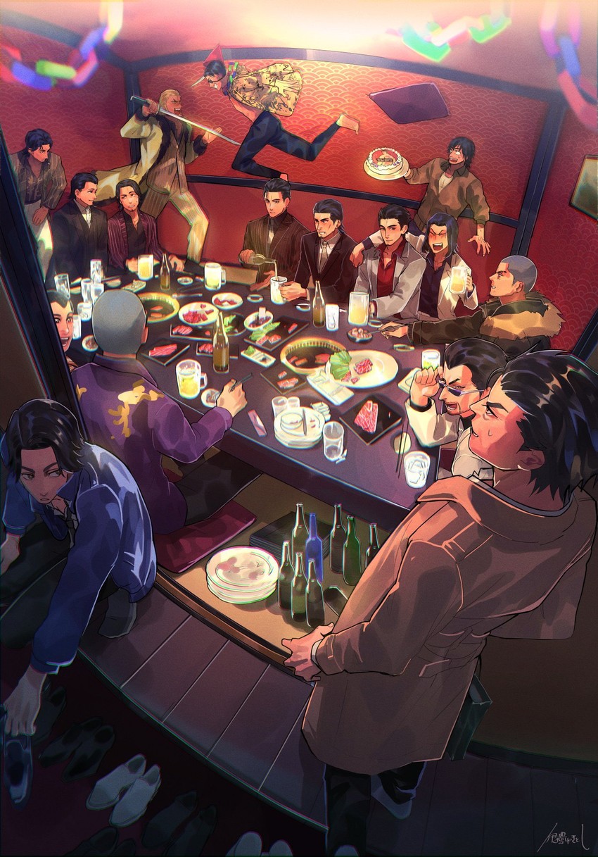 kiryu kazuma, majima goro, nishikiyama akira, dojima daigo, saejima taiga, and 11 more (ryuu ga gotoku and 6 more) drawn by irei_yukitoshi