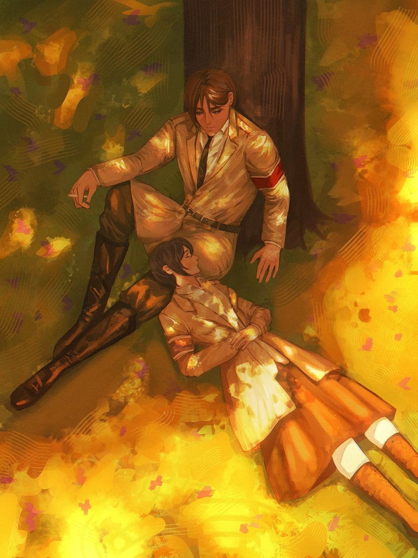 mikasa ackerman and eren yeager (shingeki no kyojin) drawn by zaragreenbite