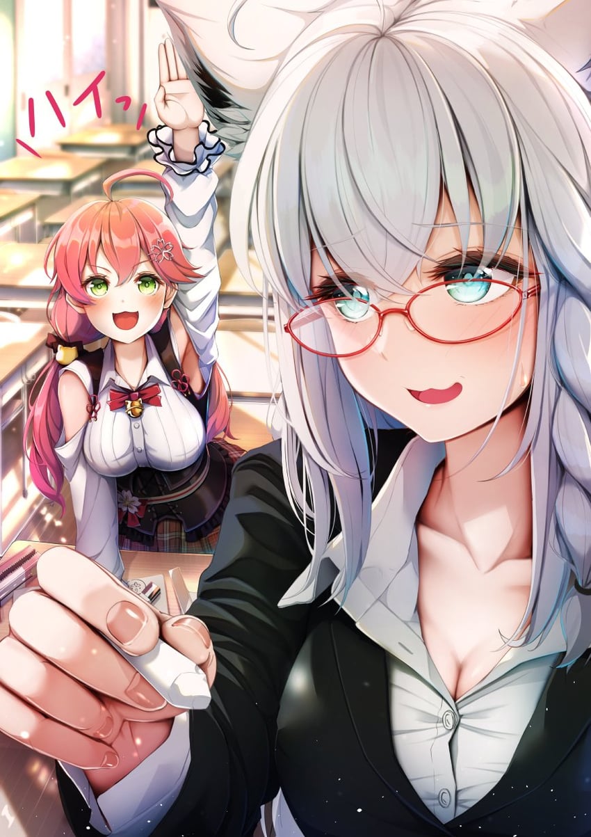 shirakami fubuki and sakura miko (hololive) drawn by imo_bouya