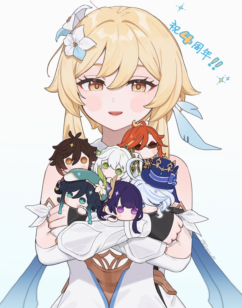 lumine, raiden shogun, furina, nahida, zhongli, and 2 more (genshin impact) drawn by q_(oshikuraq)