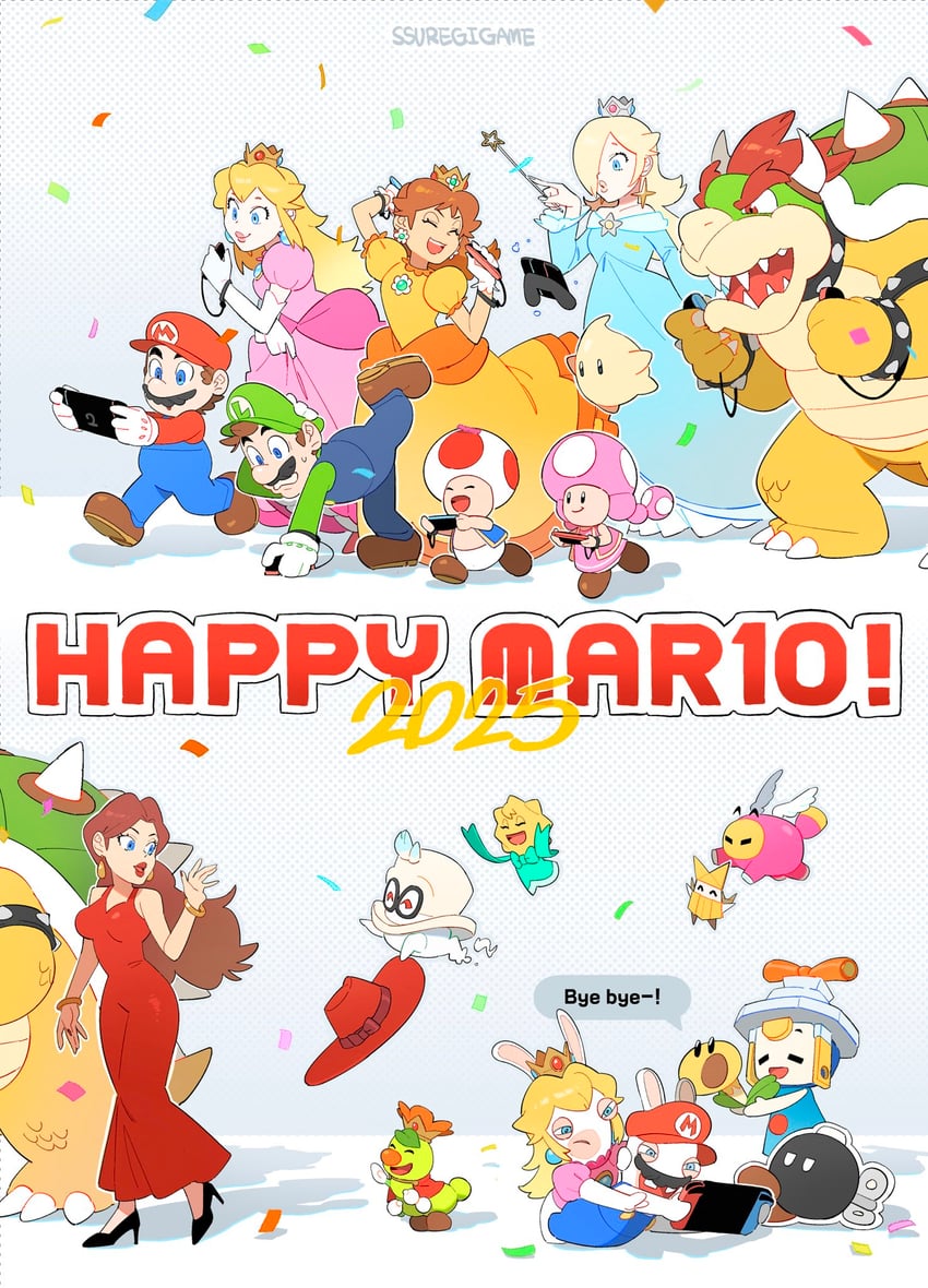 princess peach, mario, rosalina, luigi, princess daisy, and 16 more (mario and 9 more) drawn by ssuregigame