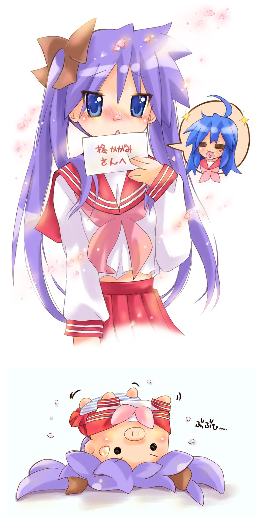 hiiragi kagami, izumi konata, and kagamin boo (lucky star) drawn by nyanmilla