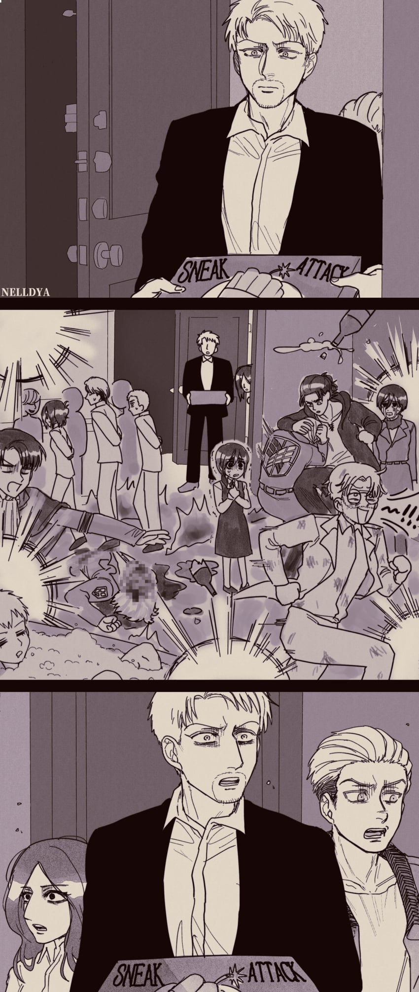mikasa ackerman, eren yeager, levi, reiner braun, armin arlert, and 5 more (shingeki no kyojin and 1 more) drawn by mina_(als_dk)