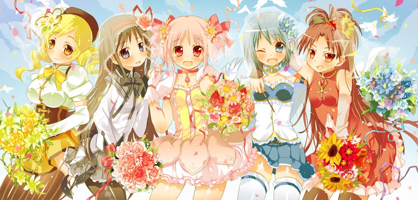 akemi homura, kaname madoka, miki sayaka, sakura kyoko, and tomoe mami (mahou shoujo madoka magica) drawn by himitsu_(iemaki)