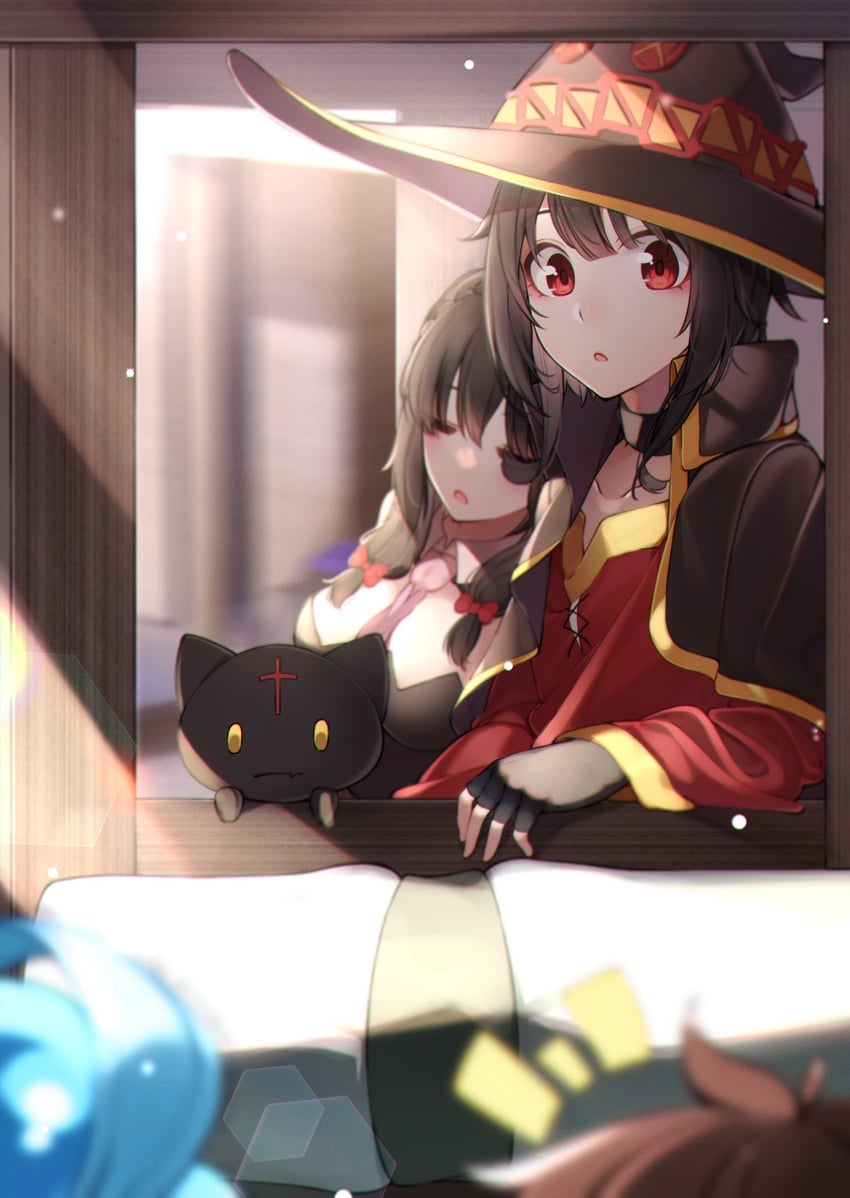 megumin, aqua, satou kazuma, yunyun, and chomusuke (kono subarashii sekai ni shukufuku wo!) drawn by sarasara_shoyu