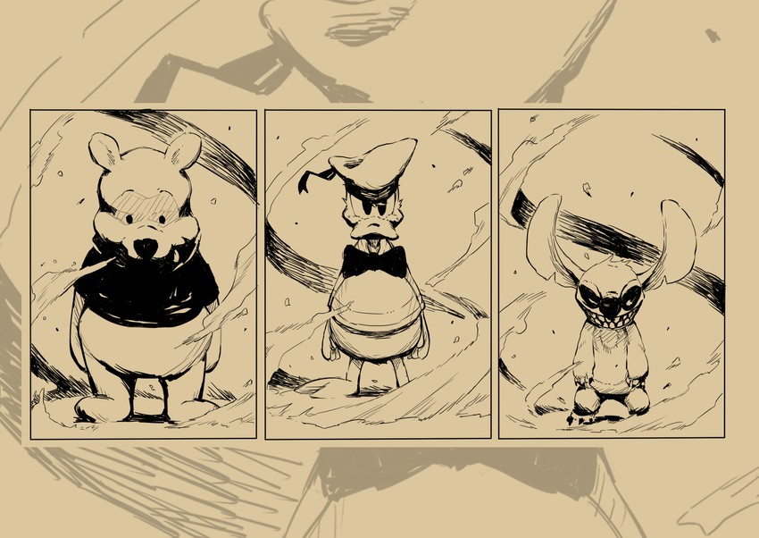 donald duck, pooh, and stitch (mickey mouse & friends and 3 more) drawn by kihou_otoko