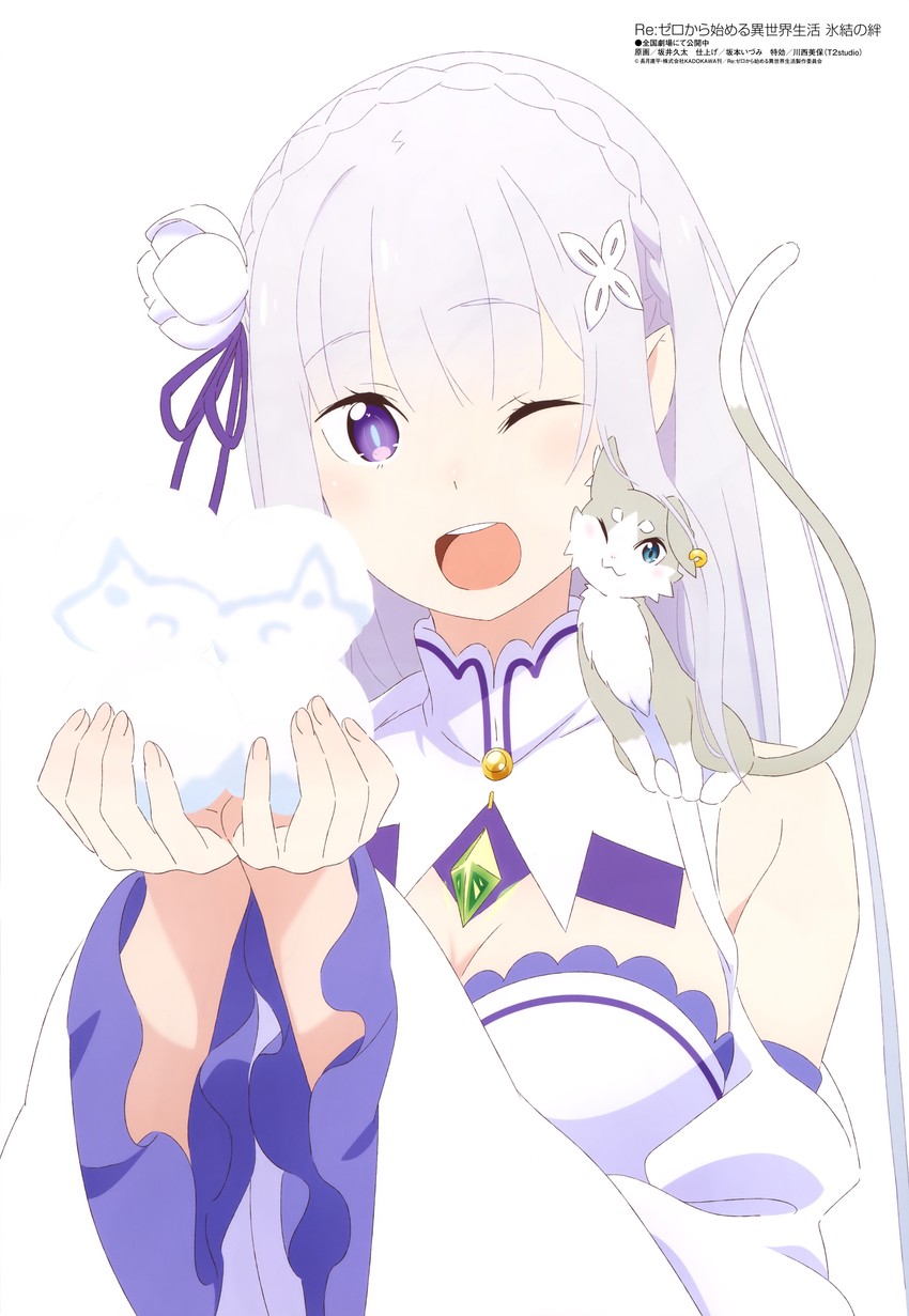 emilia and puck (re:zero kara hajimeru isekai seikatsu and 1 more) drawn by sakai_kyuuta