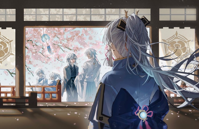 kamisato ayaka, kamisato ayato, and kamisato kayo (genshin impact) drawn by iamkumaaa