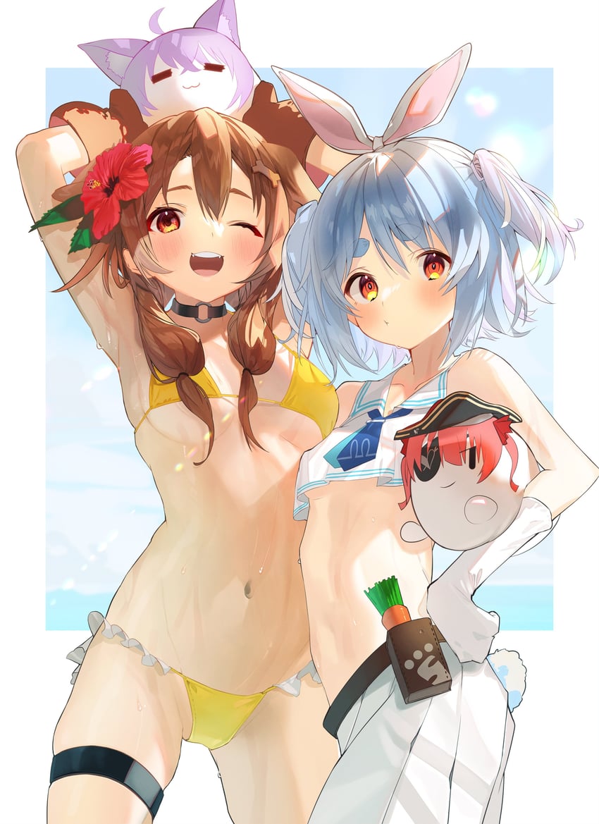 houshou marine, usada pekora, nekomata okayu, and inugami korone (hololive) drawn by kaoswald