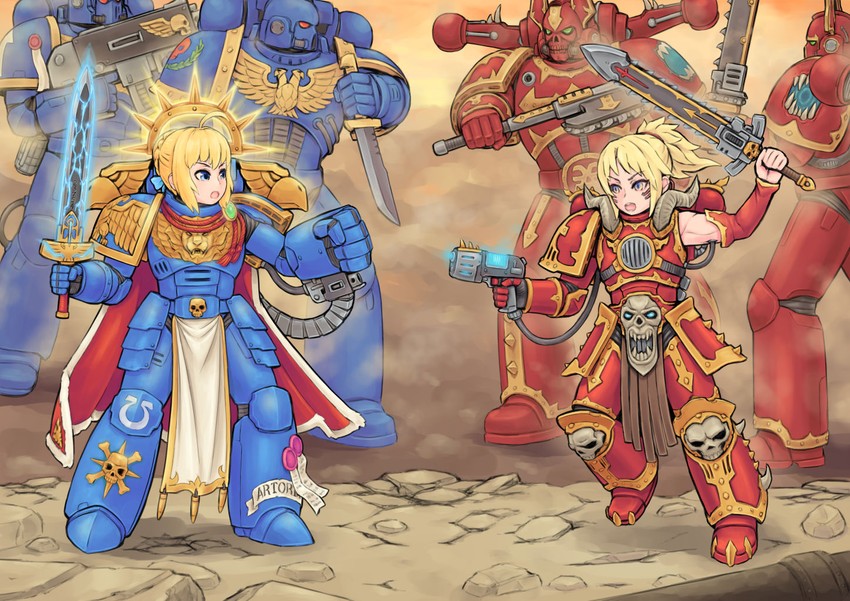 artoria pendragon, saber, mordred, adeptus astartes, and chaos space marine (fate and 3 more) drawn by kensaint