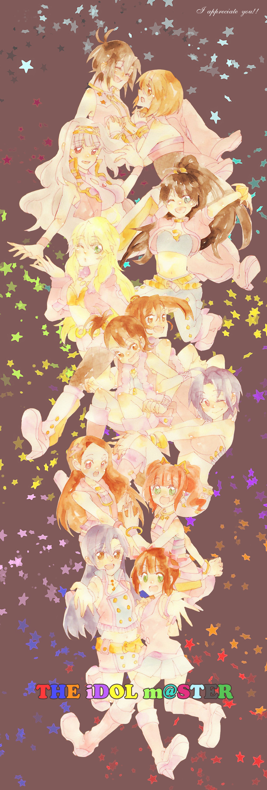 hoshii miki, kisaragi chihaya, amami haruka, kikuchi makoto, shijou takane, and 7 more (idolmaster) drawn by sorato_(astllatte)