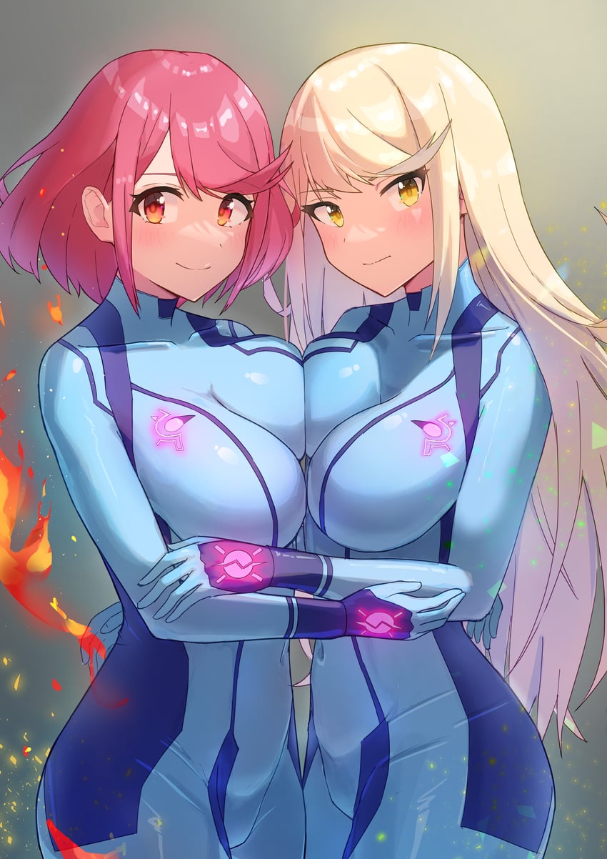 pyra, mythra, and samus aran (xenoblade chronicles and 2 more) drawn by oruru63100814