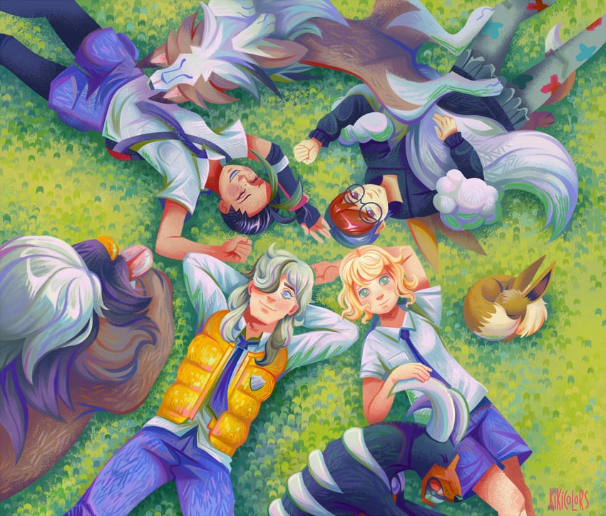 eevee, nemona, penny, arven, lycanroc, and 2 more (pokemon and 1 more) drawn by kikicolors