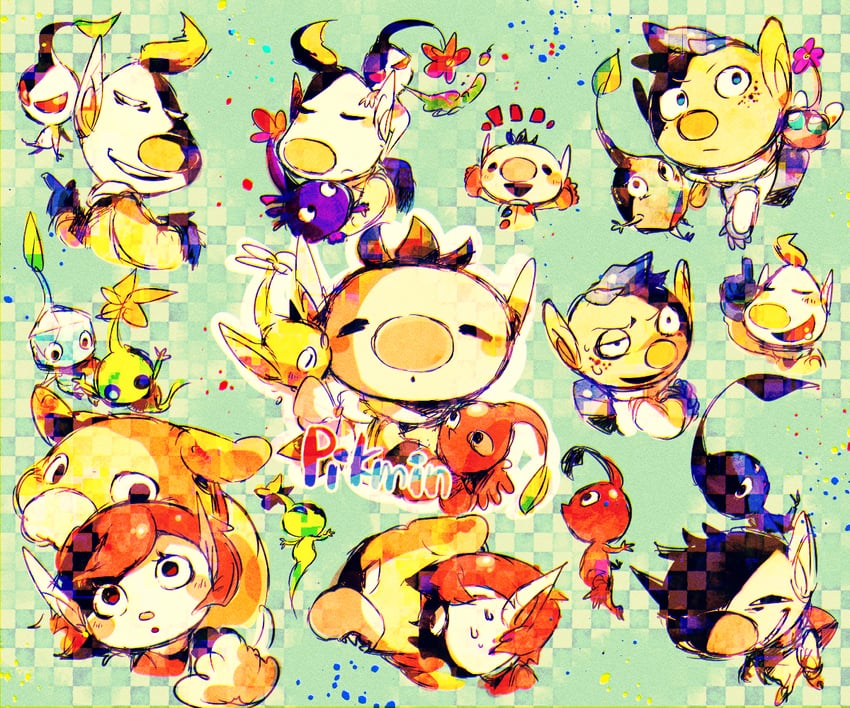 red pikmin, olimar, yellow pikmin, blue pikmin, purple pikmin, and 9 more (pikmin) drawn by shirushiki