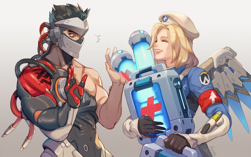 mercy, genji, combat medic ziegler, and blackwatch genji (overwatch and 1 more) drawn by hage2013