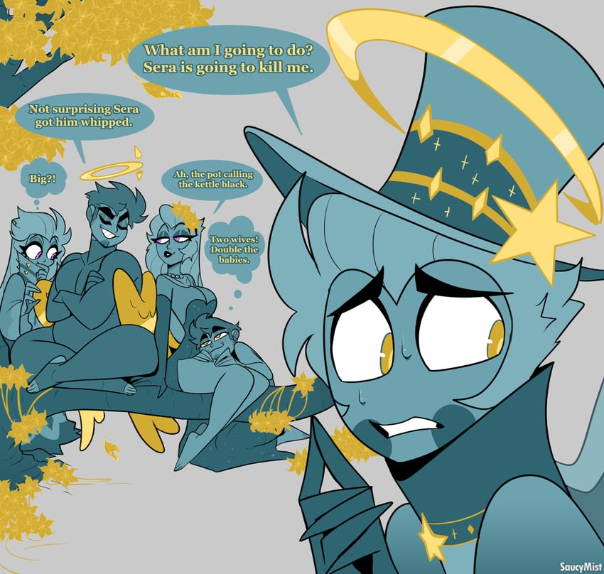 lucifer morningstar, lilith, and adam (hazbin hotel) drawn by saucymist