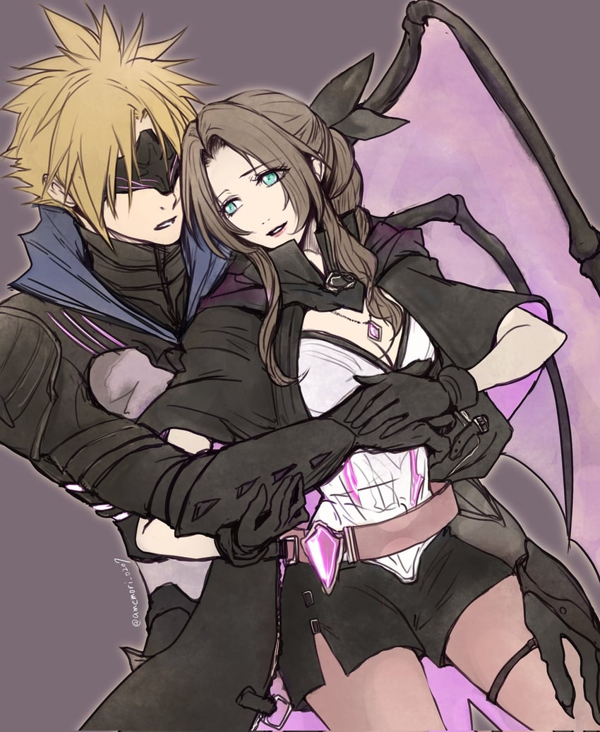 cloud strife and aerith gainsborough (final fantasy and 2 more) drawn by amemori_0207