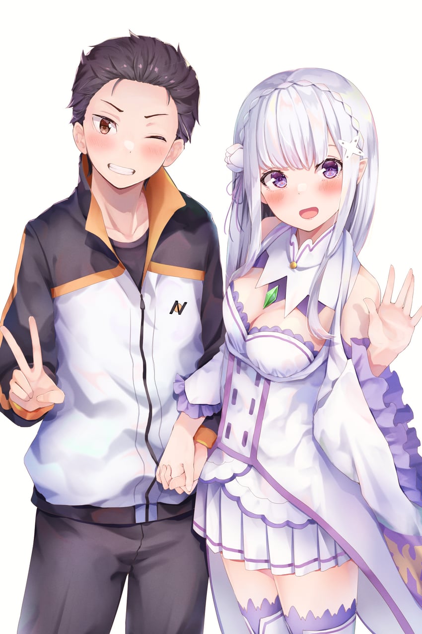 emilia and natsuki subaru (re:zero kara hajimeru isekai seikatsu) drawn by yuunamida_uyu