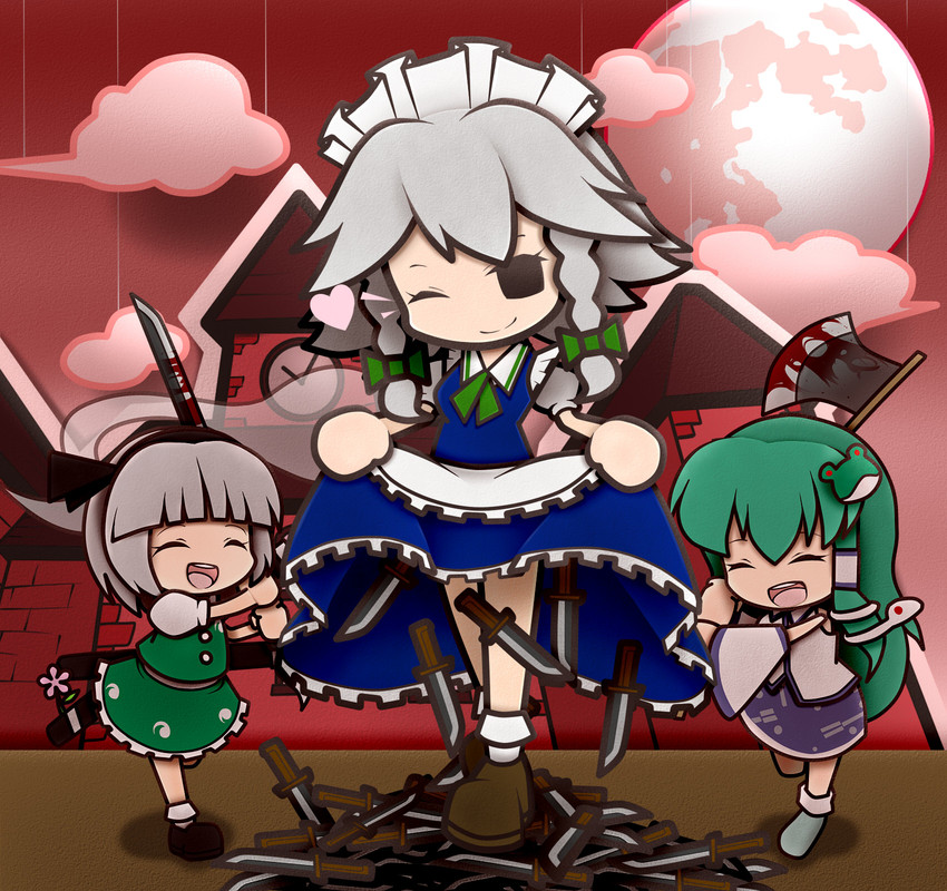 izayoi sakuya, kochiya sanae, and konpaku youmu (touhou and 3 more) drawn by shan_grila