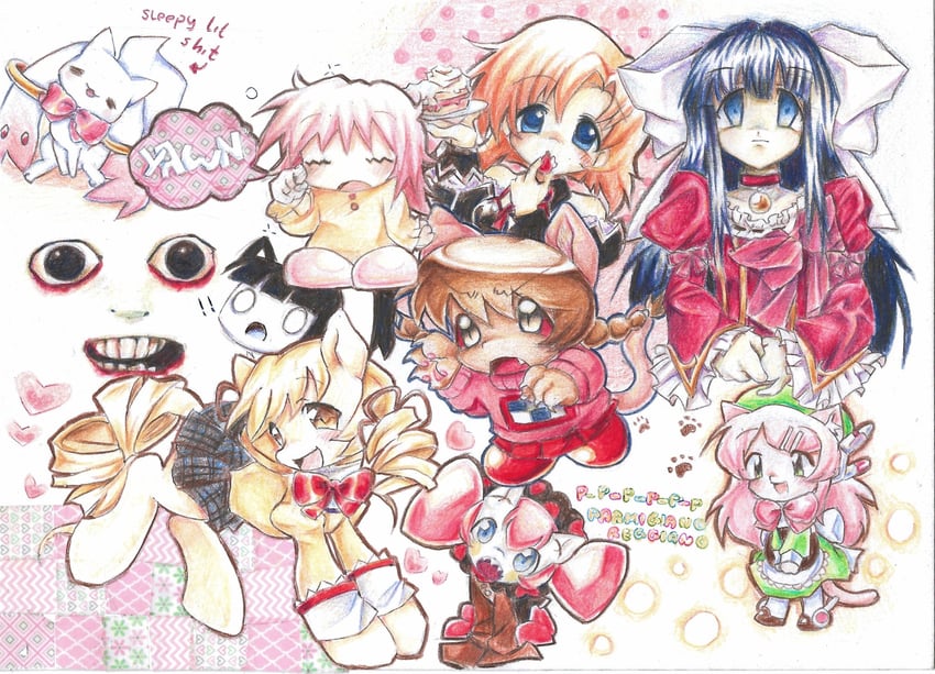 kaname madoka, tomoe mami, kyubey, ryuuguu rena, charlotte, and 3 more (mahou shoujo madoka magica and 6 more) drawn by lennardo_(grim_the_end)