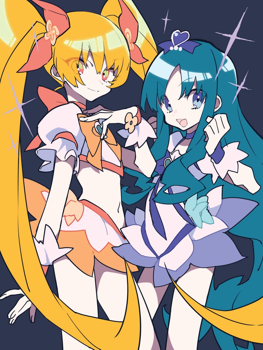 kurumi erika, myoudouin itsuki, cure marine, and cure sunshine (precure and 1 more) drawn by mochizuki_kei