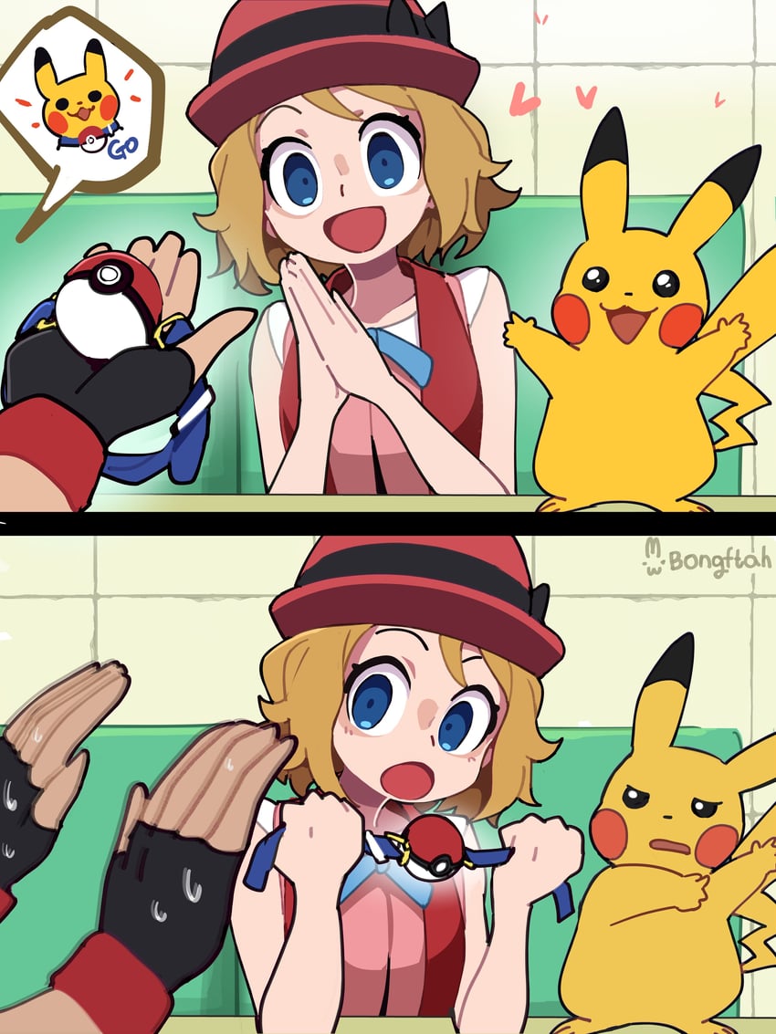 pikachu, ash ketchum, and serena (pokemon and 1 more) drawn by bongfill