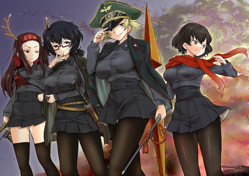 erwin, caesar, oryou, and saemonza (girls und panzer) drawn by nabeyu