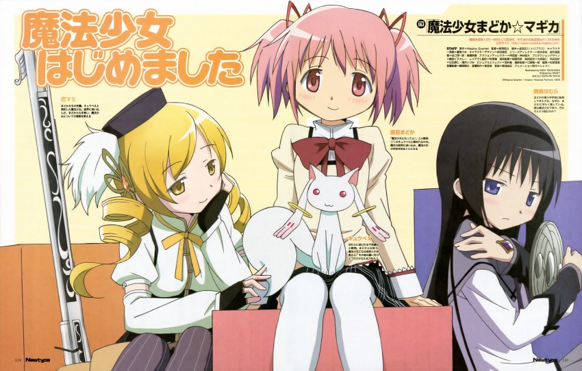akemi homura, kaname madoka, tomoe mami, and kyubey (mahou shoujo madoka magica and 1 more) drawn by takahashi_mika