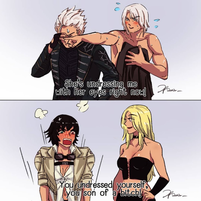 dante, vergil, lady, and trish (devil may cry and 2 more) drawn by dew-on-sandy