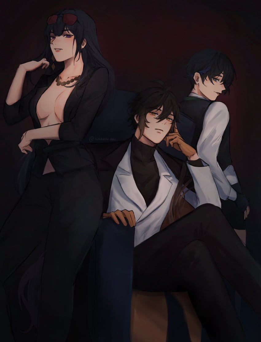 raiden shogun, zhongli, and venti (genshin impact) drawn by nokkusuart