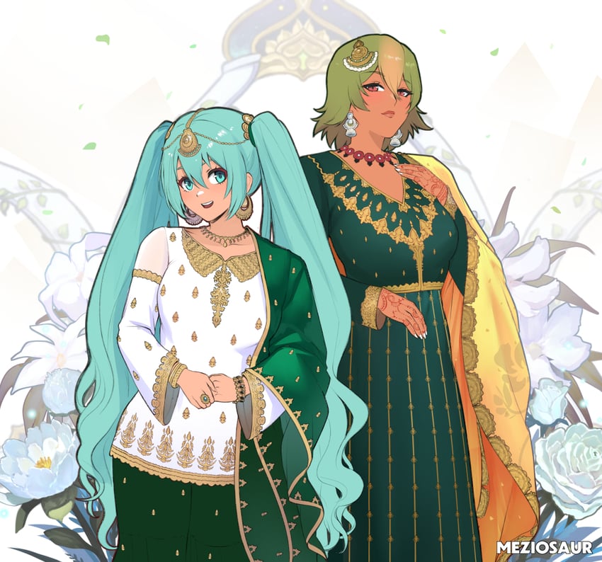 hatsune miku and laegjarn (vocaloid and 2 more) drawn by meziosaur
