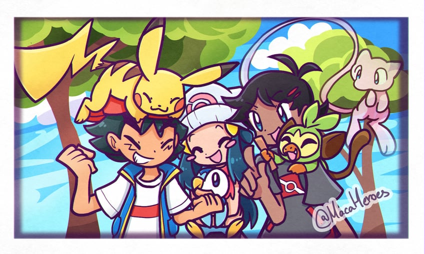 pikachu, dawn, ash ketchum, piplup, grookey, and 2 more (pokemon and 1 more) drawn by macaheroes