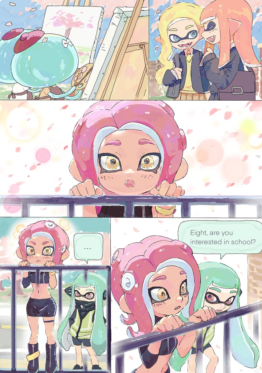 inkling player character, inkling girl, agent 8, agent 3, and jellyfish (splatoon) drawn by lantern_madoyoi