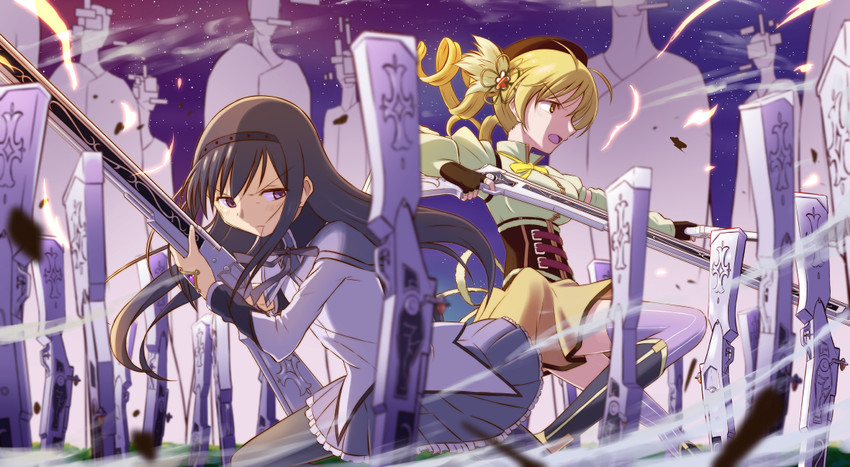 akemi homura, tomoe mami, and wraith (mahou shoujo madoka magica) drawn by touyu_(yuruyuruto)