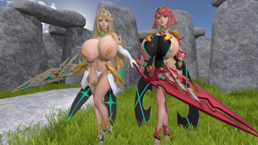 pyra and mythra (xenoblade chronicles and 1 more) drawn by sangoya
