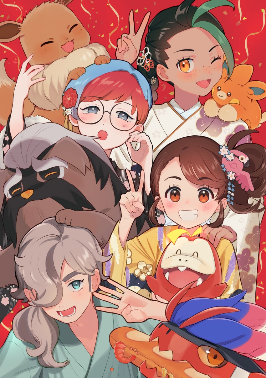 eevee, juliana, nemona, arven, penny, and 4 more (pokemon and 1 more) drawn by furukawa_raku