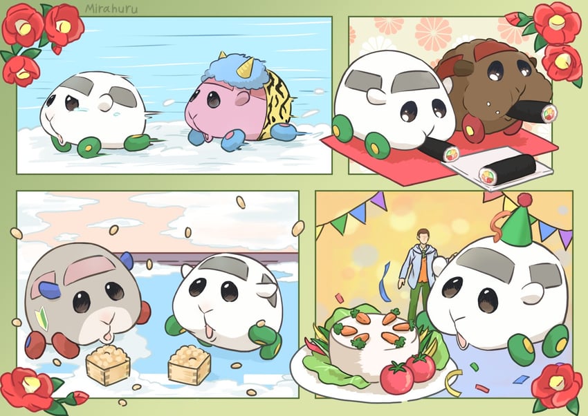 shiromo, teddy, shiromo's driver, peter, and popomu (pui pui molcar) drawn by mirahuru07
