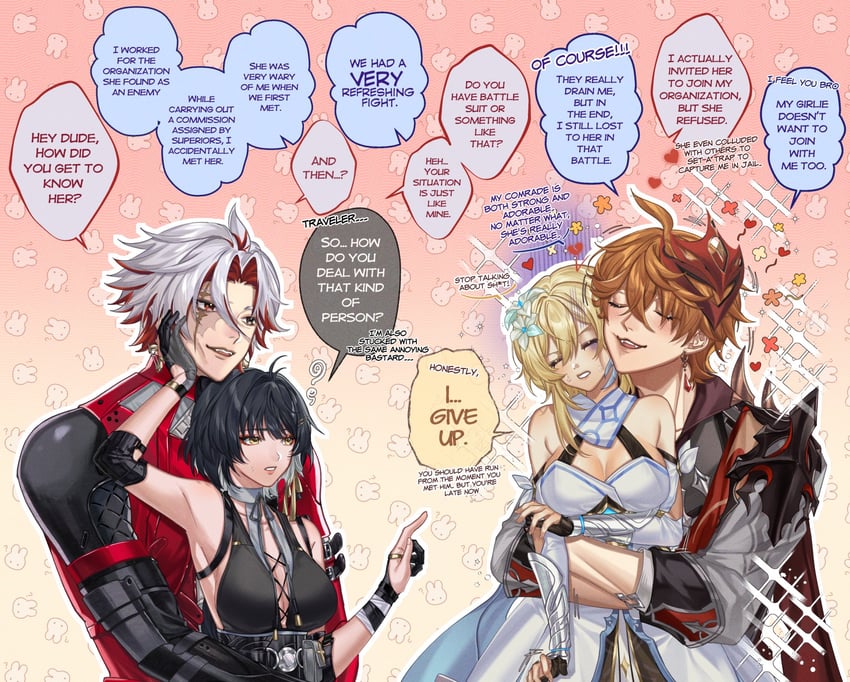 lumine, tartaglia, rover, female rover, and scar (genshin impact and 1 more) drawn by xiayou1104